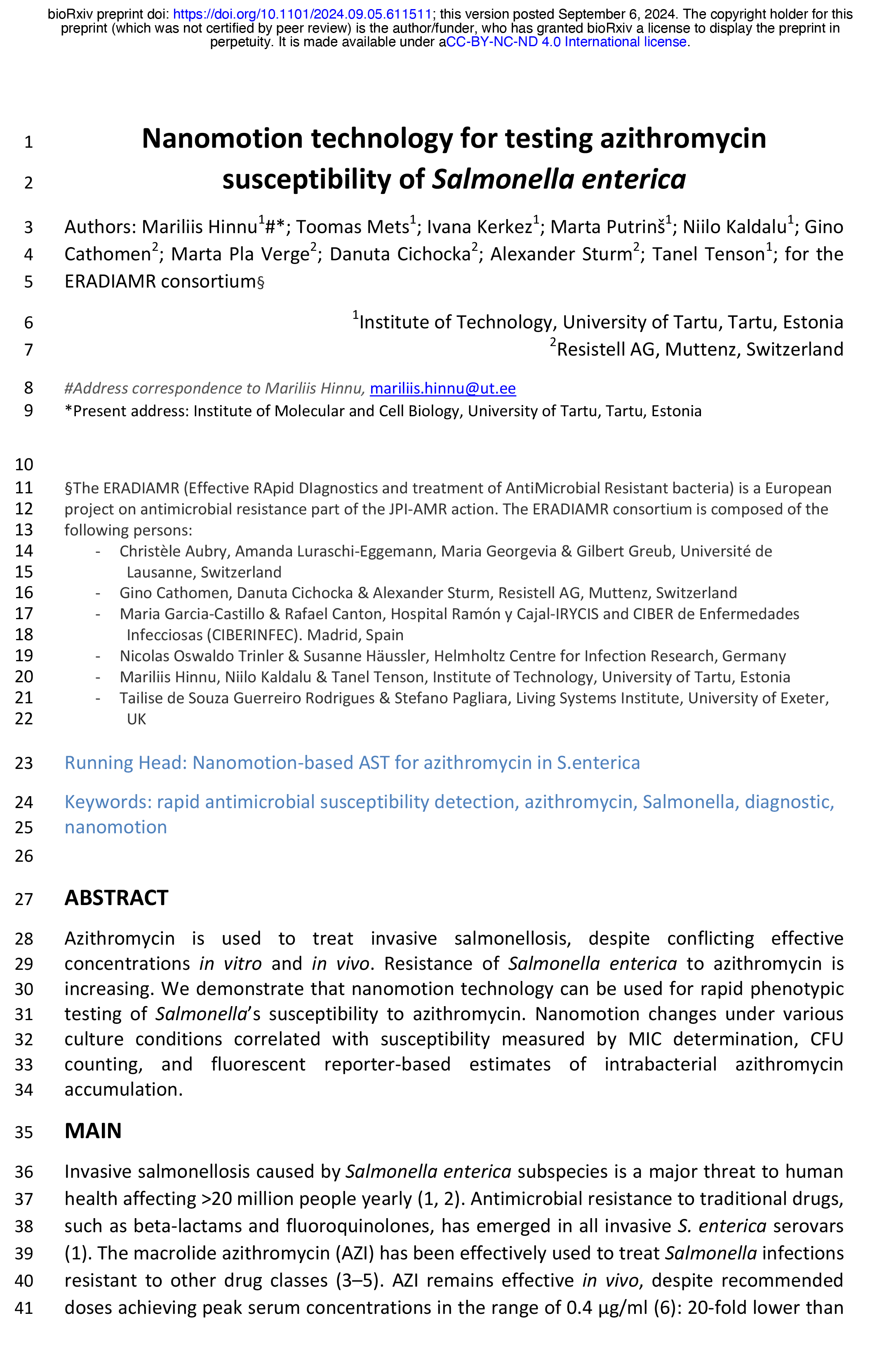 Nanomotion technology for testing azithromycin susceptibility of Salmonella enterica